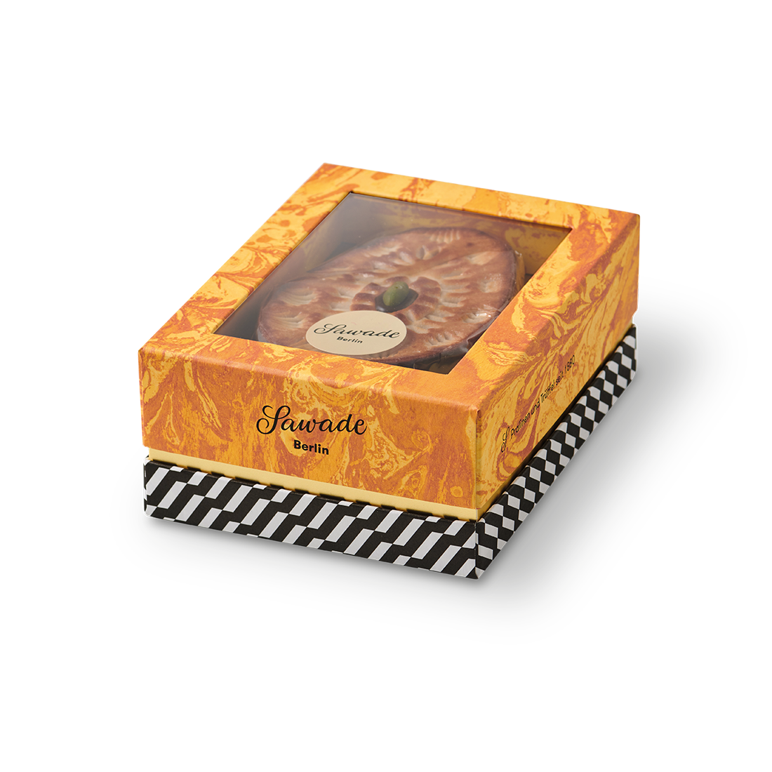 Produktbild: Sawade Pasteten Ei von der Seite in einer gelben Geschenkschachtel Produktbild: Sawade Pasteten Ei von der Seite in einer gelben Geschenkschachtel